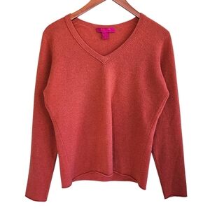 Cashmere Cashe 100% 2-ply Cashmere Women's V-Neck Sweater Orange Medium
